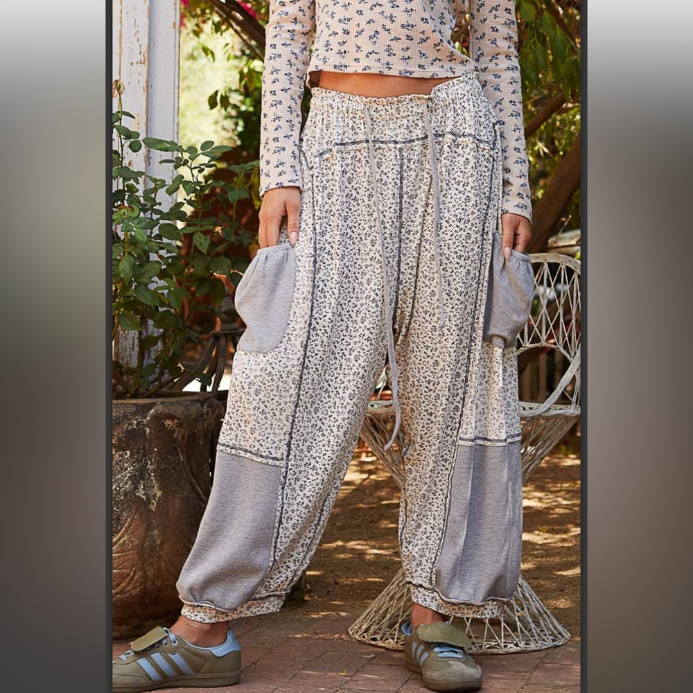 POL Cream and Gray Floral Patchwork Joggers oversized!